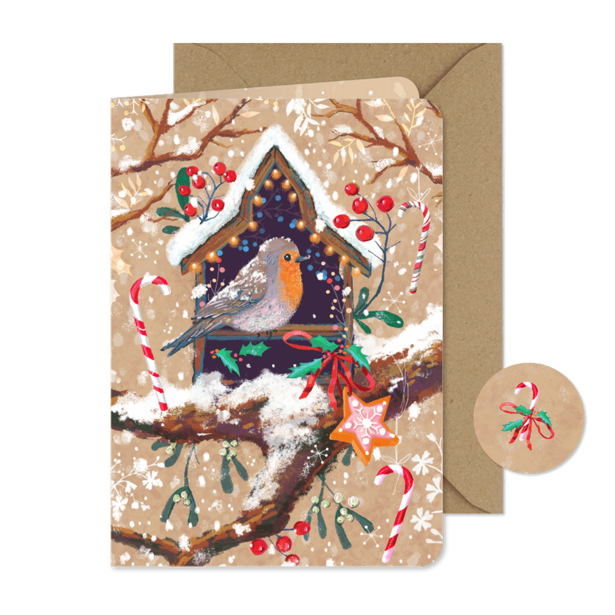 Lief kerstkaartje met een roodborst in huisje - Kaartimpressie