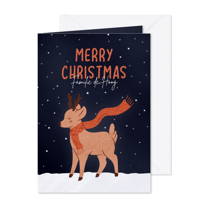 Lief kerstkaartje met hertje met sjaal in de nacht - Kaartimpressie