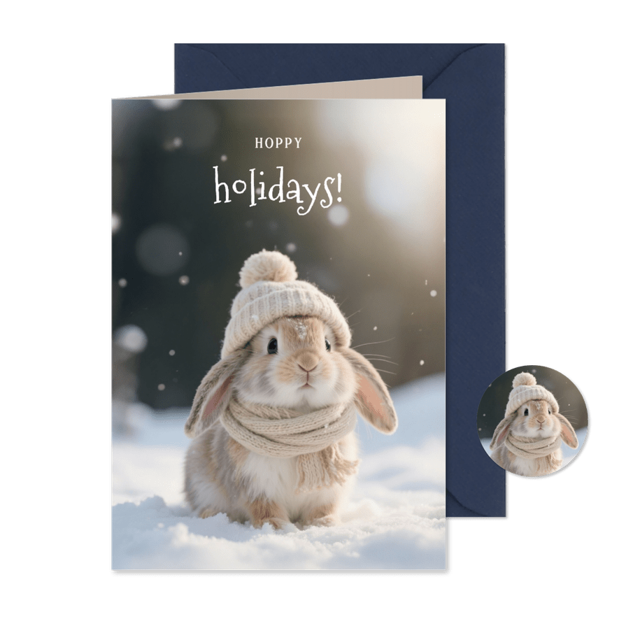 Lief kerstkaartje met schattig konijntje hoppy holidays - Kaartimpressie