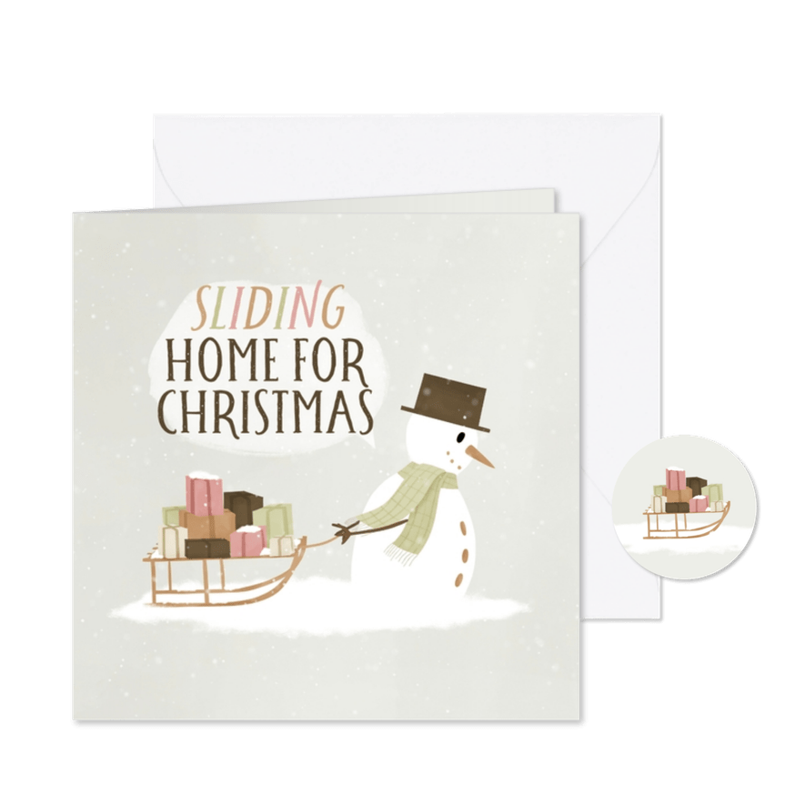 Lief kerstkaartje met sneeuwpop en een slee vol cadeaus - Kaartimpressie