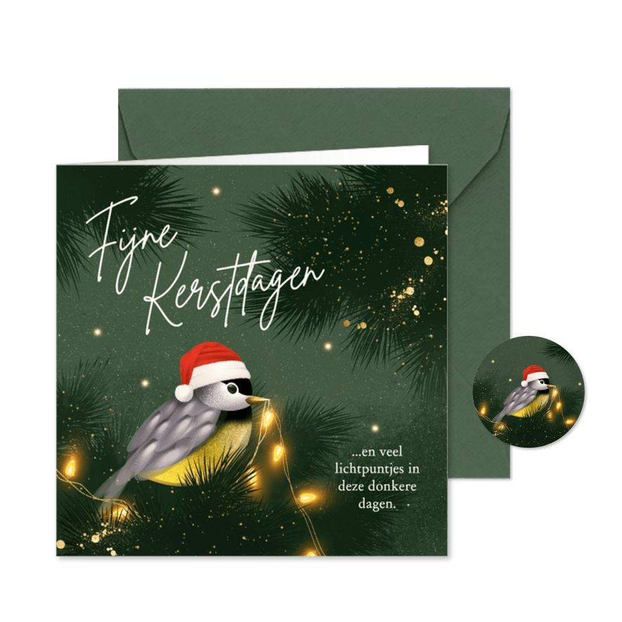 Lief kerstkaartje met vogeltje en lichtpuntjes - Kaartimpressie