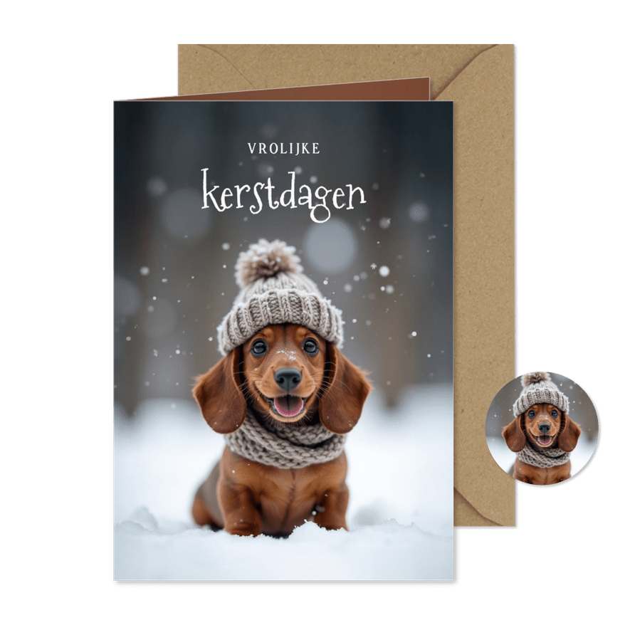 Lief kerstkaartje met vrolijke teckel vrolijke feestdagen - Kaartimpressie