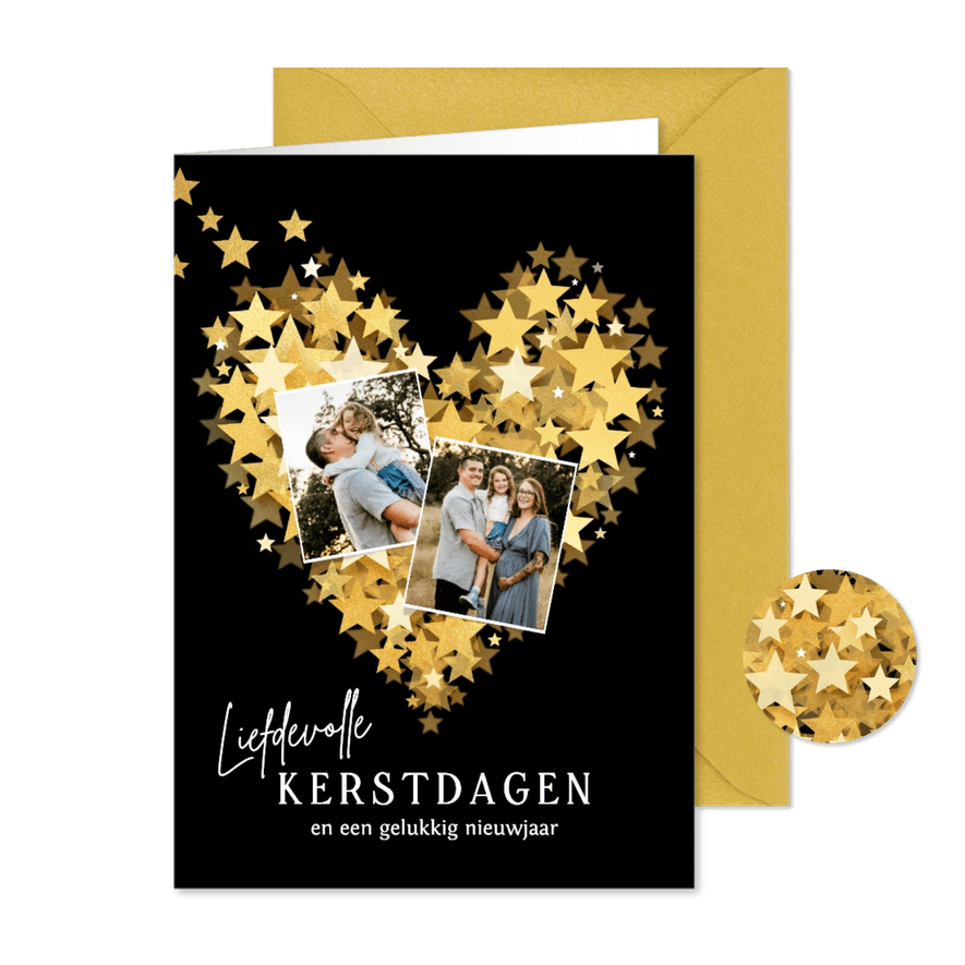 Lief kerstkaartje sterren hart goud en twee foto's - Kaartimpressie
