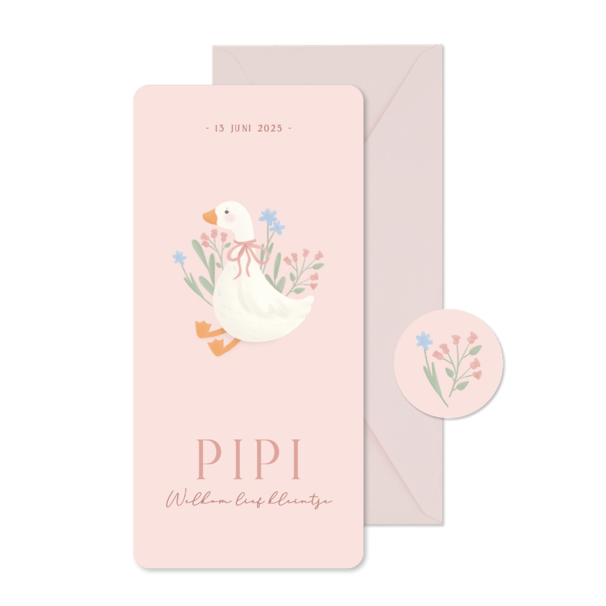 Lief langwerpig geboortekaartje met gansje en bloemen roze - Kaartimpressie