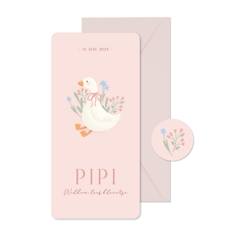 Lief langwerpig geboortekaartje met gansje en bloemen roze - Kaartimpressie