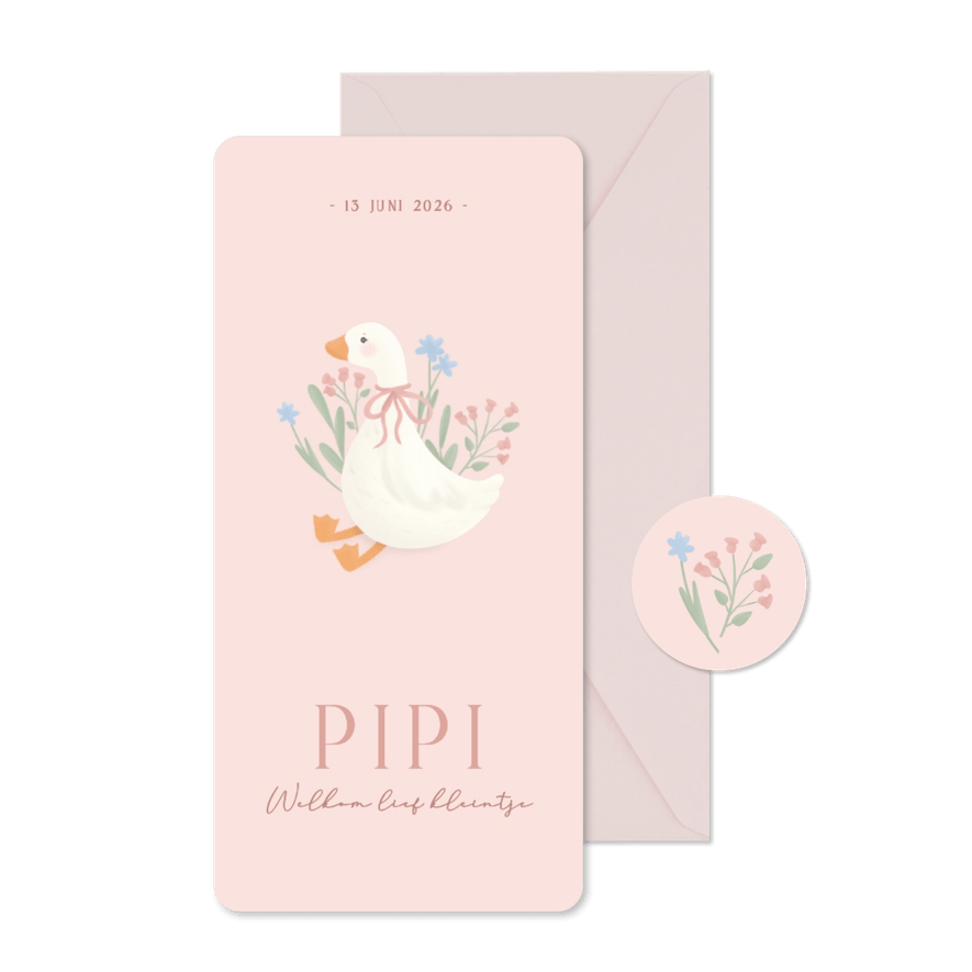 Lief langwerpig geboortekaartje met gansje en bloemen roze - Kaartimpressie