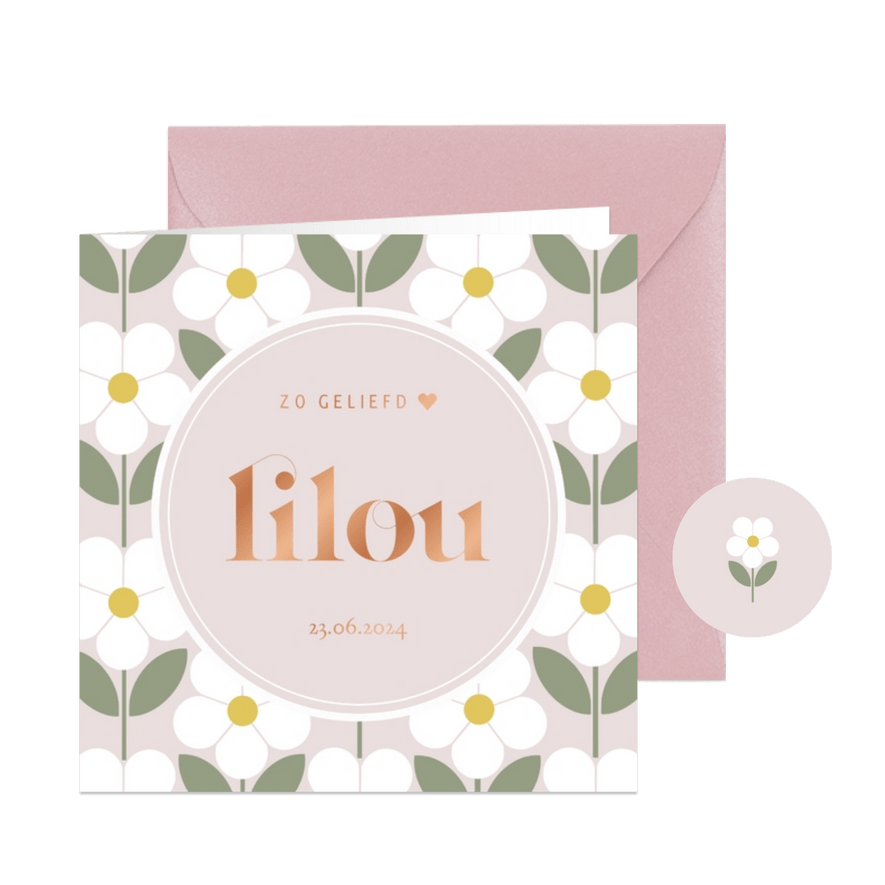 Lief minimalistisch geboortekaartje met witte bloemen - Kaartimpressie