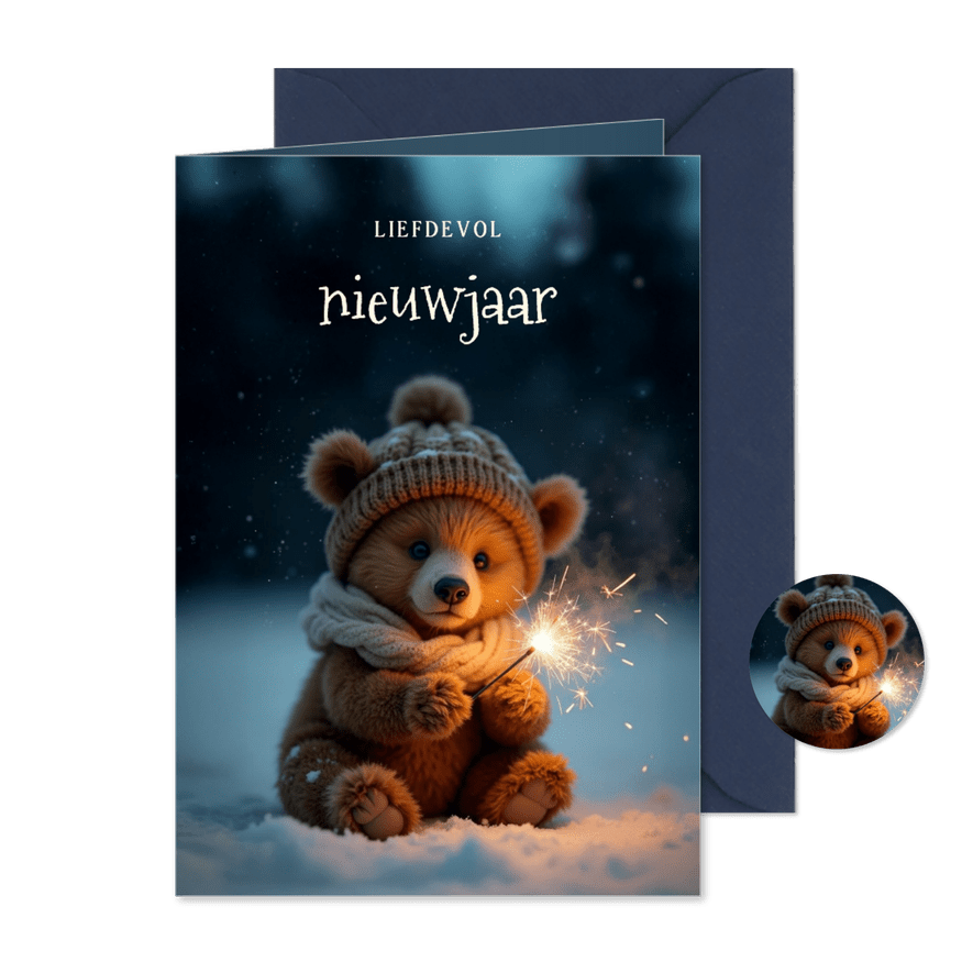 Lief nieuwjaarskaartje met beer liefdevol nieuwjaar - Kaartimpressie