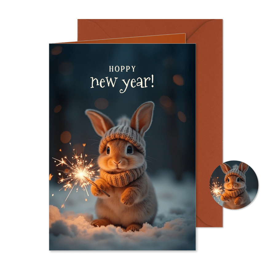 Lief nieuwjaarskaartje met konijn hoppy new year - Kaartimpressie