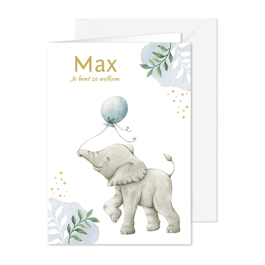 Lief olifantje op botanisch geboortekaartje jongen - Kaartimpressie