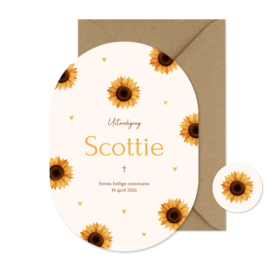Lief ovaal communiekaartje met zonnebloemen en hartjes - Kaartimpressie