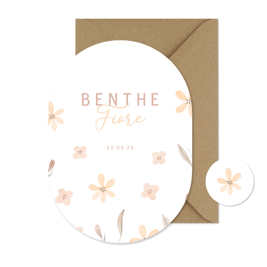  Lief ovaal geboortekaartje met takjes en bloemetjes - Kaartimpressie