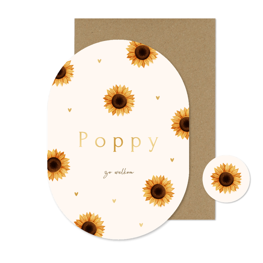 Lief ovaal geboortekaartje met zonnebloemen en folie hartjes - Kaartimpressie