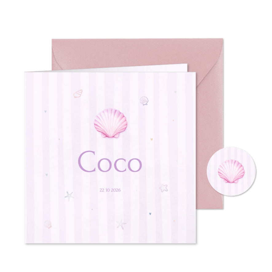 Lief pastel geboortekaartje met schelp en en streepjes - Kaartimpressie