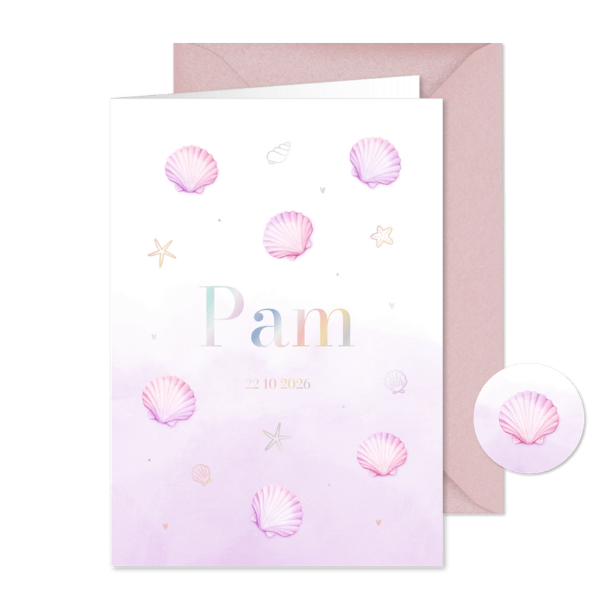 Lief pastel geboortekaartje met schelpjes en waterverf - Kaartimpressie