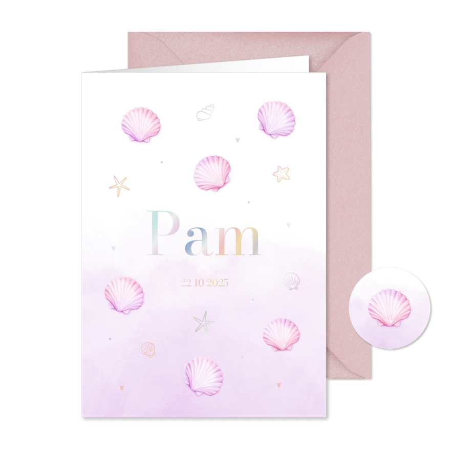 Lief pastel geboortekaartje met schelpjes en waterverf - Kaartimpressie