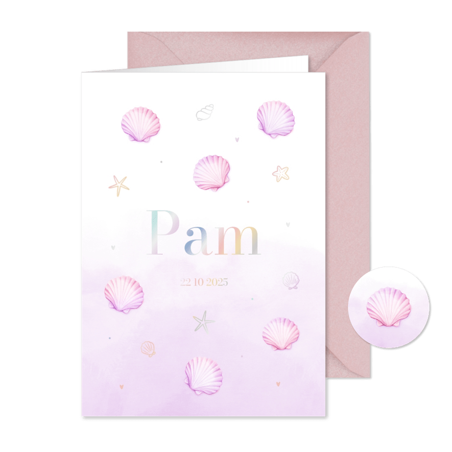 Lief pastel geboortekaartje met schelpjes en waterverf - Kaartimpressie