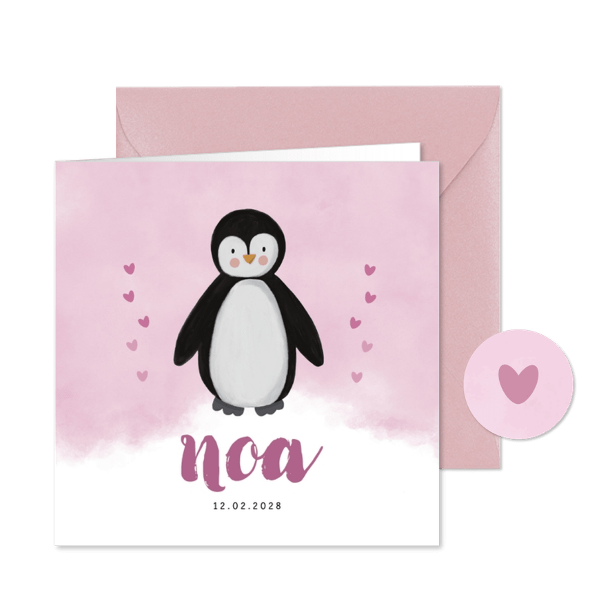 Lief pinguïn geboortekaartje met waterverf en hartjes - Kaartimpressie
