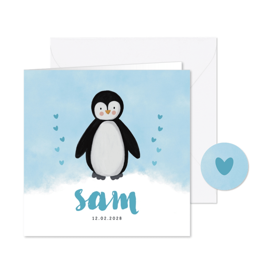 Lief pinguïn geboortekaartje met waterverf jongen - Kaartimpressie