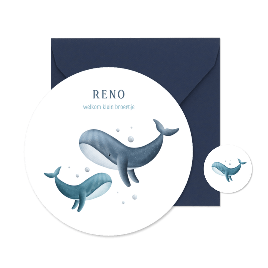 Lief rond geboortekaartje broertje met 2 walvissen - Kaartimpressie