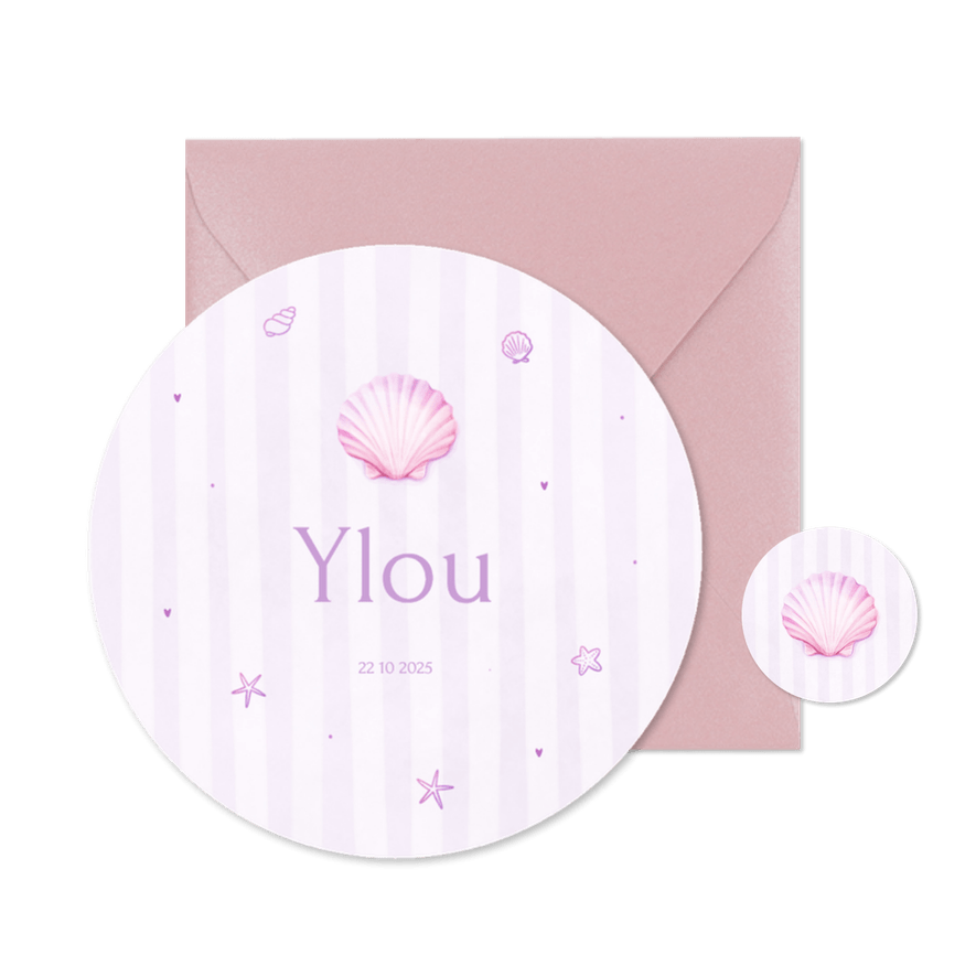 Lief rond pastel geboortekaartje met schelp en en streepjes - Kaartimpressie