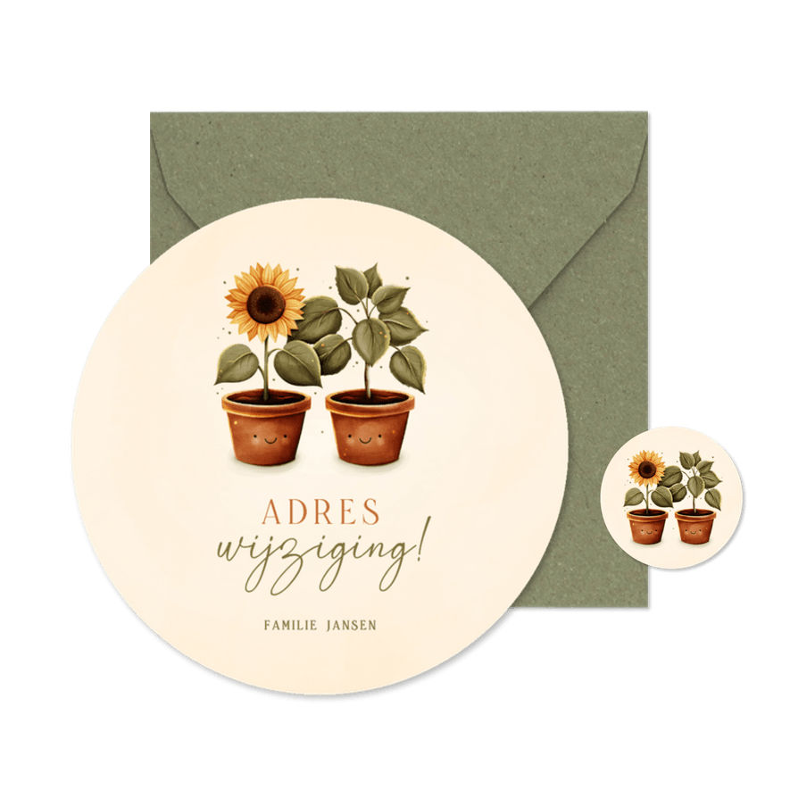 Lief rond verhuiskaartje met een zonnebloem en plant - Kaartimpressie