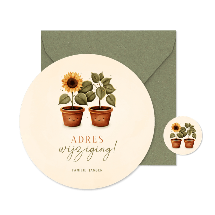 Lief rond verhuiskaartje met een zonnebloem en plant - Kaartimpressie