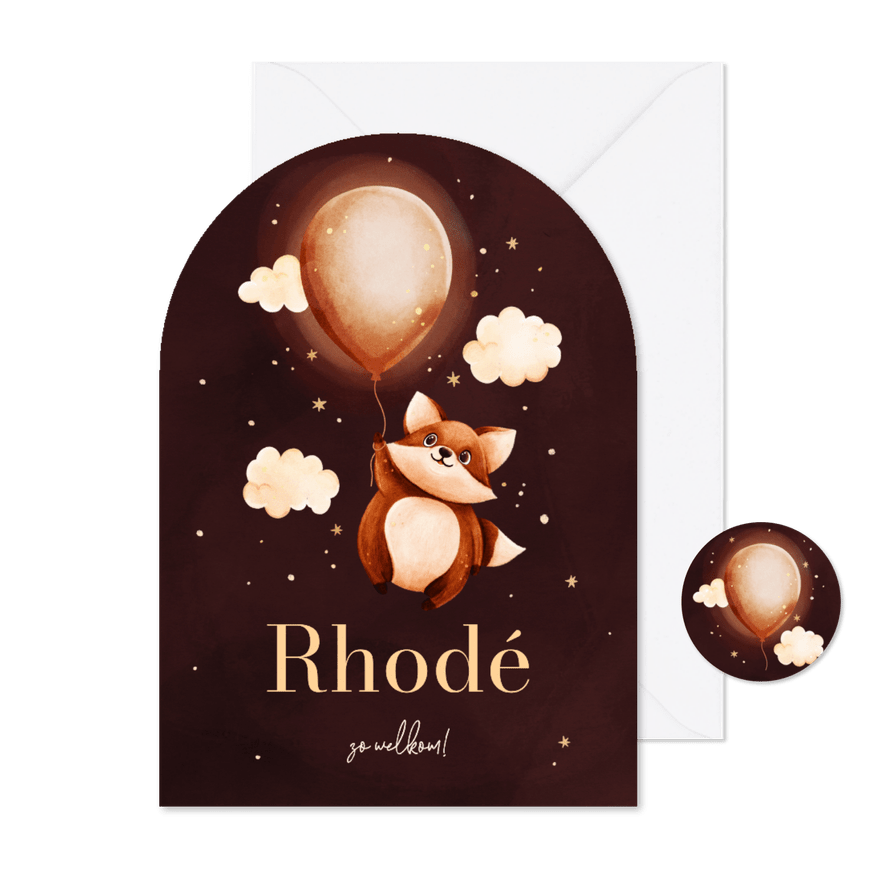 Lief roze geboortekaartje boog met vosje en een ballon - Kaartimpressie