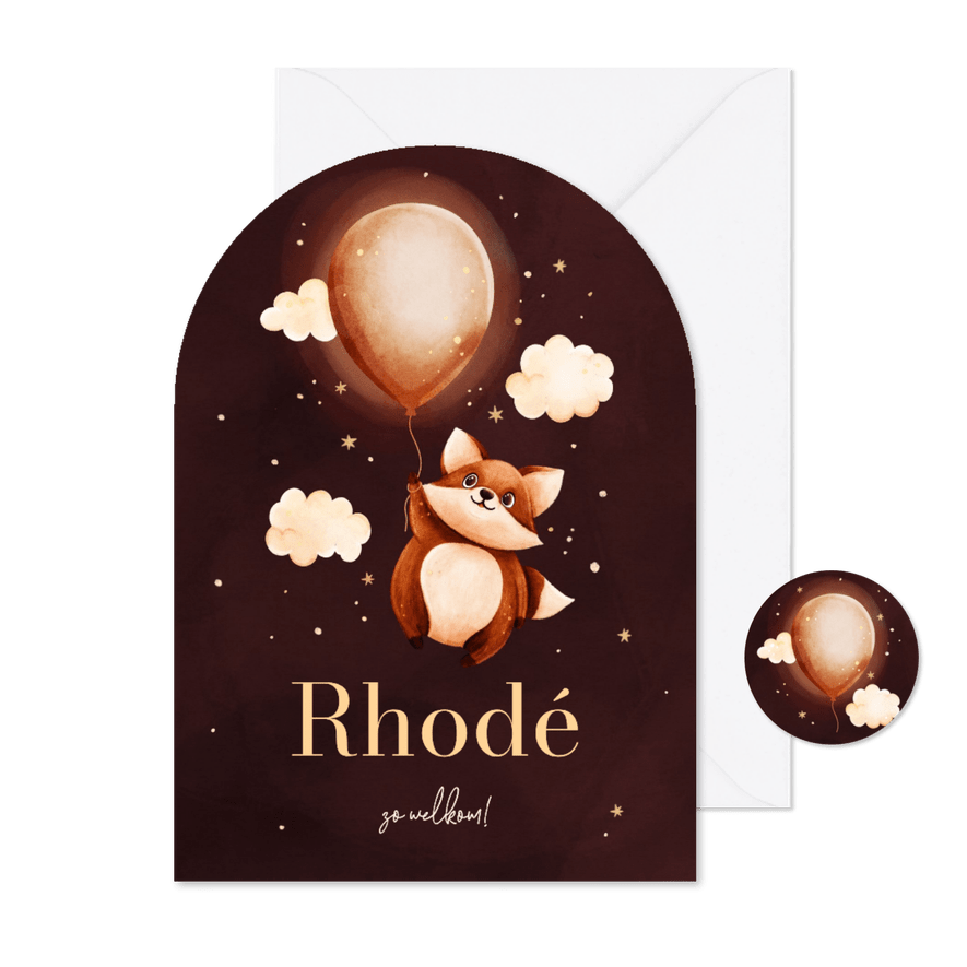 Lief roze geboortekaartje boog met vosje en een ballon - Kaartimpressie
