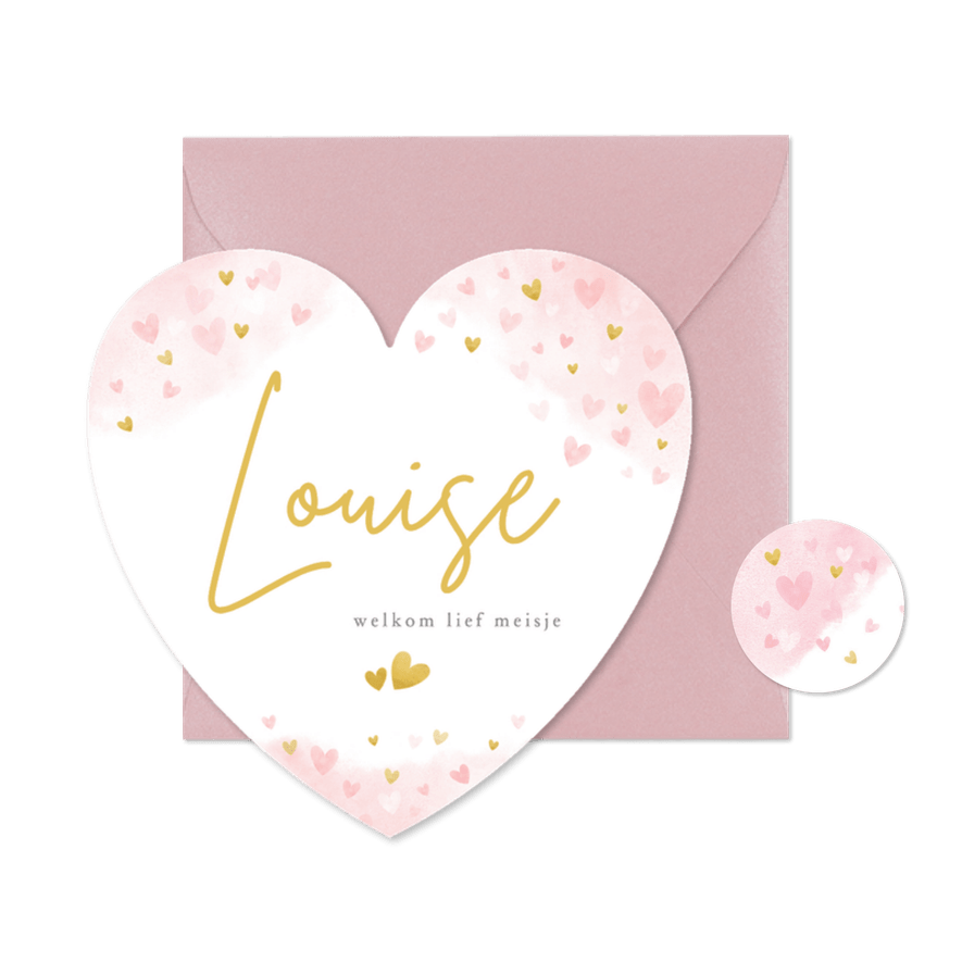 Lief roze geboortekaartje meisje hartvorm roze hartjes - Kaartimpressie