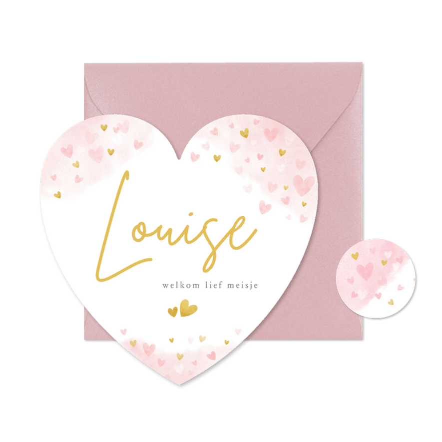 Lief roze geboortekaartje meisje hartvorm roze hartjes - Kaartimpressie