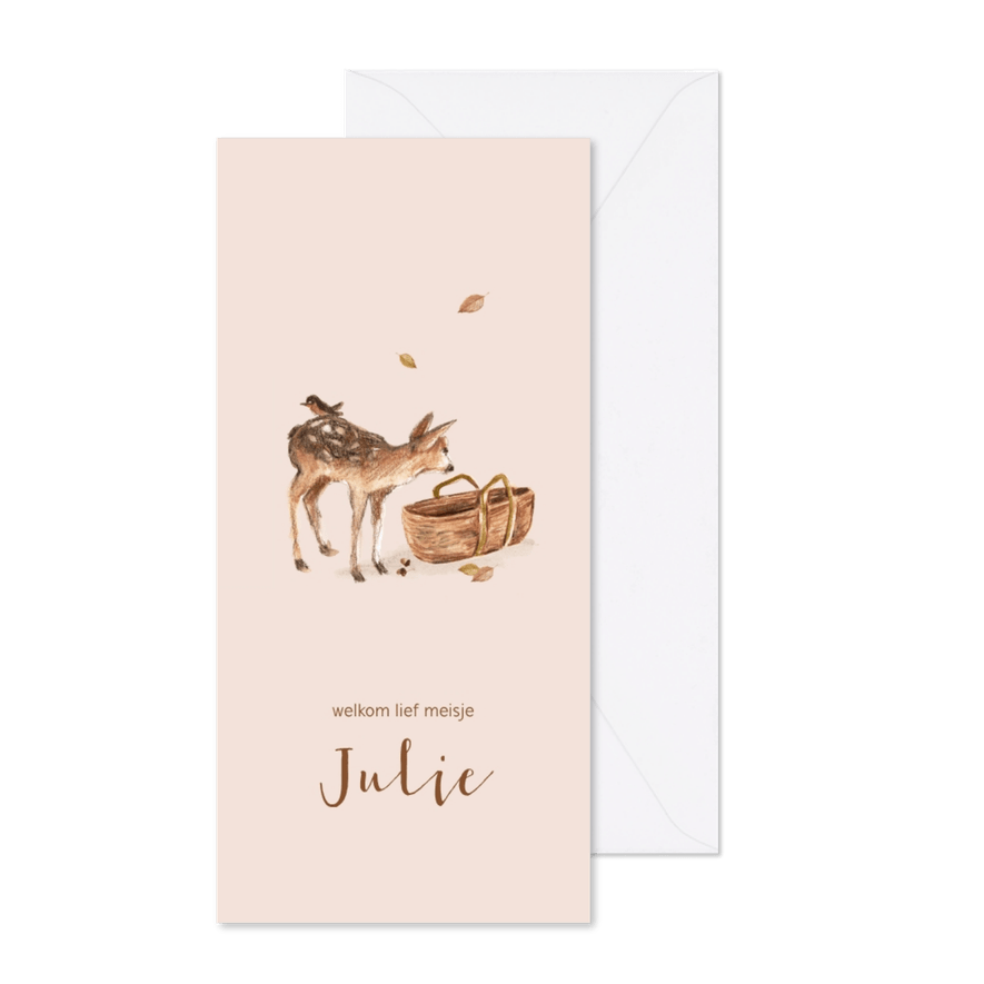 Lief roze geboortekaartje met bosdieren en een mozes mandje - Kaartimpressie