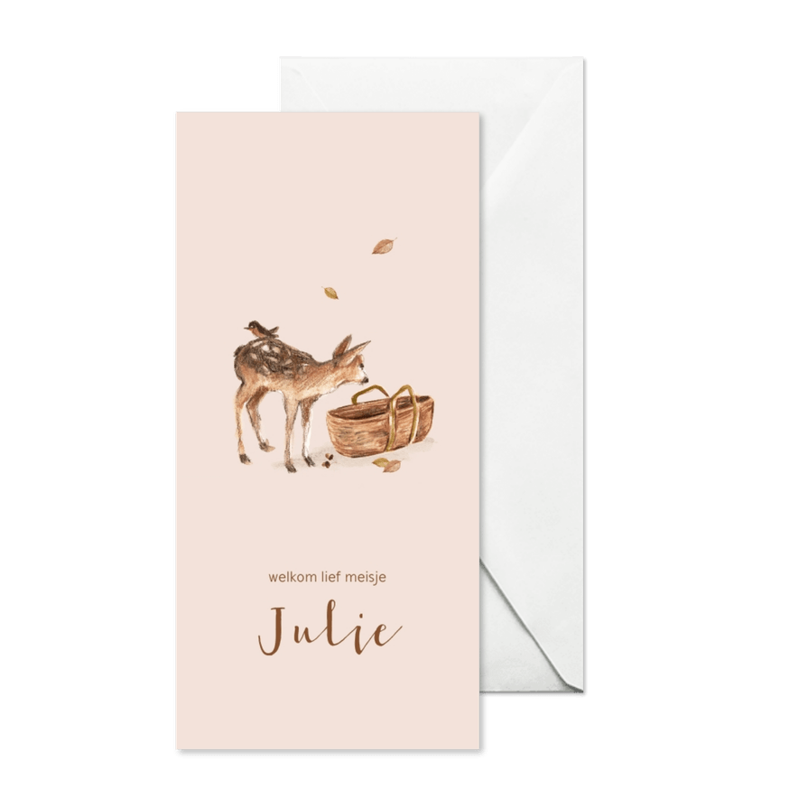 Lief roze geboortekaartje met bosdieren en een mozes mandje - Kaartimpressie