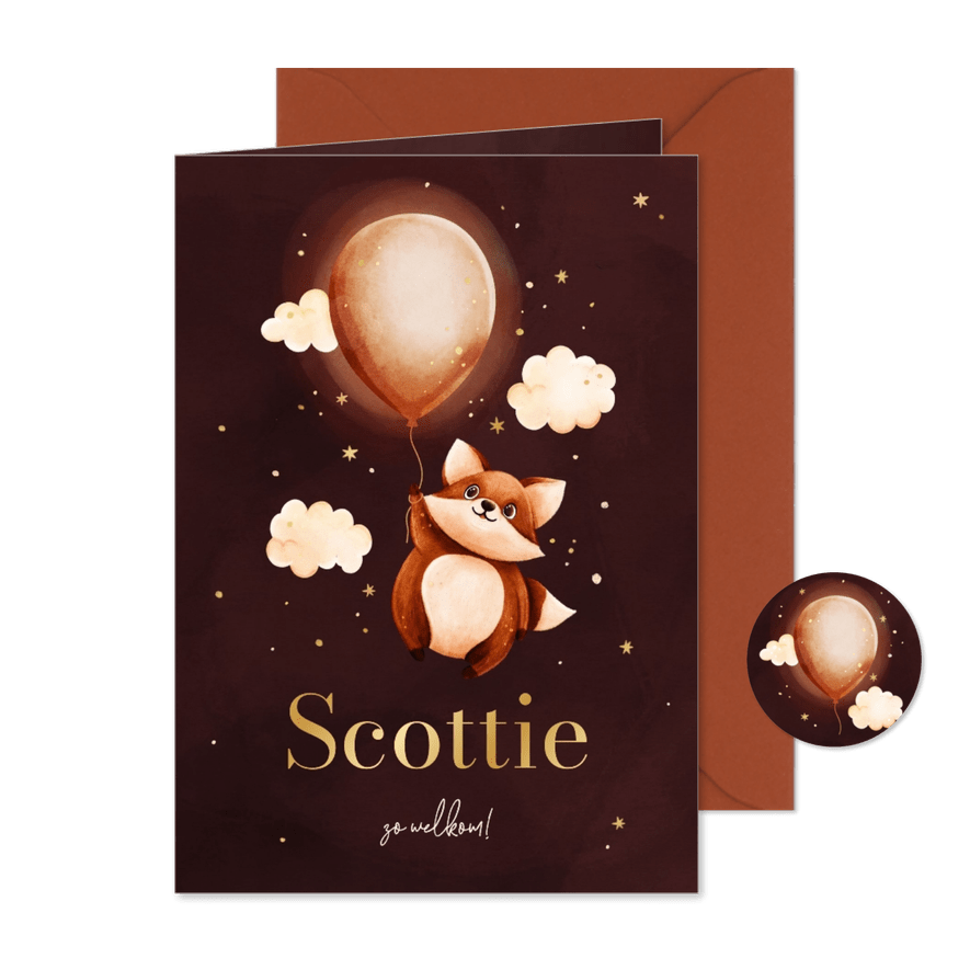 Lief roze geboortekaartje met vosje en een ballon - Kaartimpressie