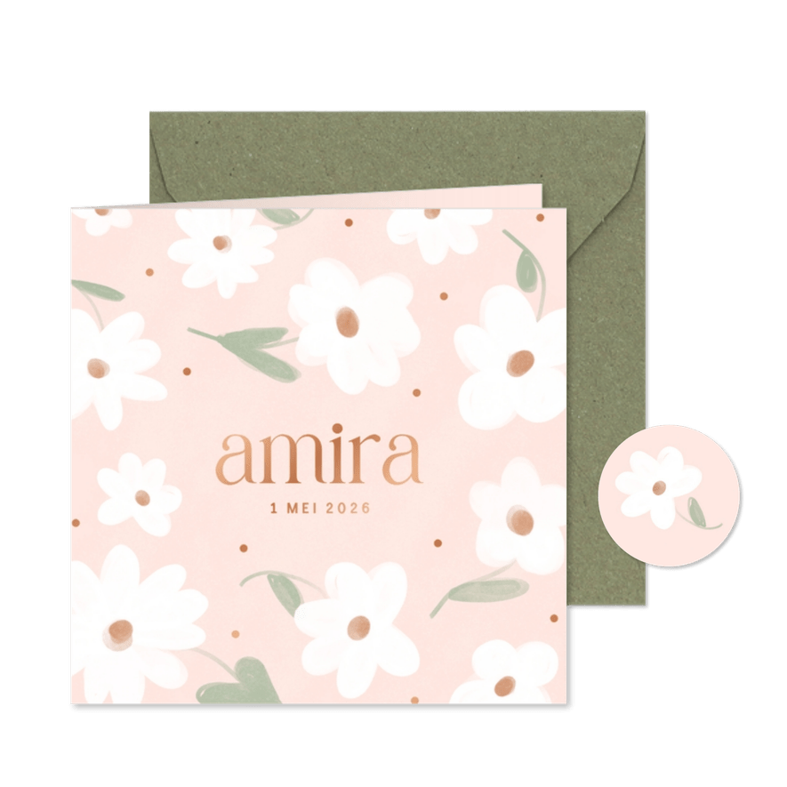 Lief roze geboortekaartje met witte bloemen en koperen tekst - Kaartimpressie