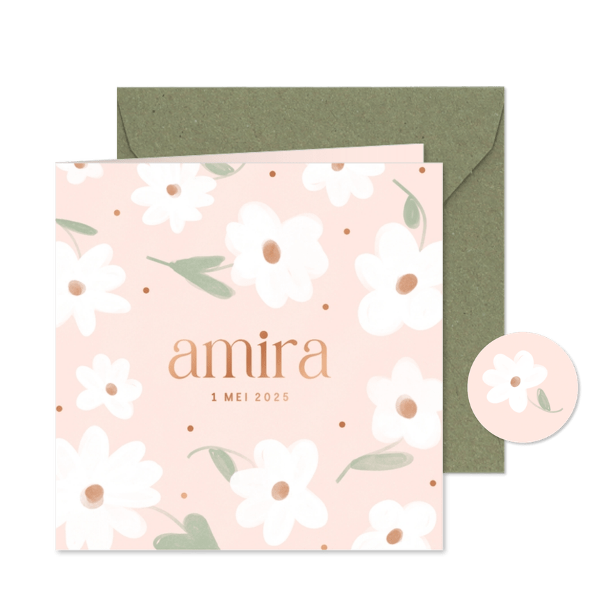 Lief roze geboortekaartje met witte bloemen en koperen tekst - Kaartimpressie