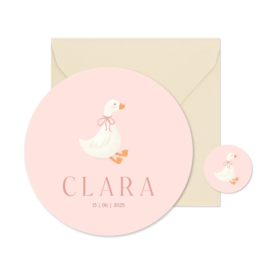 Lief roze geboortekaartje rond met schattig gansje - Kaartimpressie