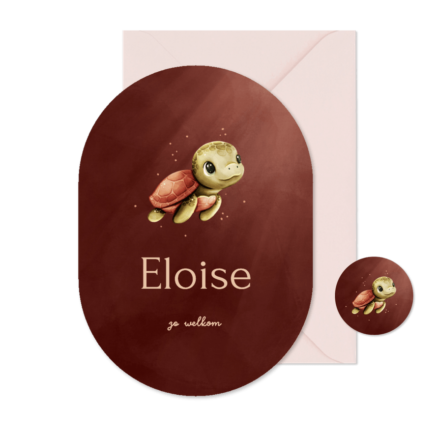 Lief roze ovaal geboortekaartje met een schildpadje - Kaartimpressie