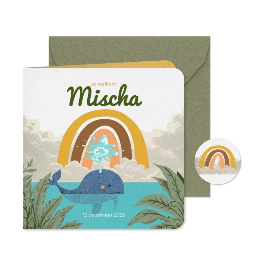 Lief stoer geboortekaartje voor een regenboogbaby met walvis - Kaartimpressie
