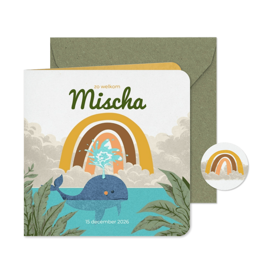 Lief stoer geboortekaartje voor een regenboogbaby met walvis - Kaartimpressie