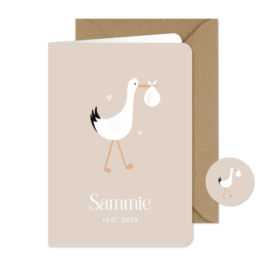 Lief unisex geboortekaartje met illustratie van ooievaar - Kaartimpressie