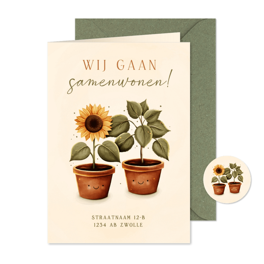 Lief verhuiskaartje samenwonen zonnebloem en plant - Kaartimpressie