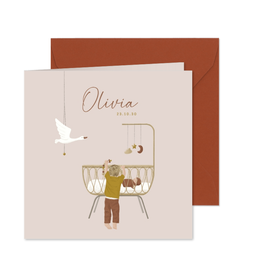 Lief vierkant geboortekaartje broer bij wiegje met baby - Kaartimpressie