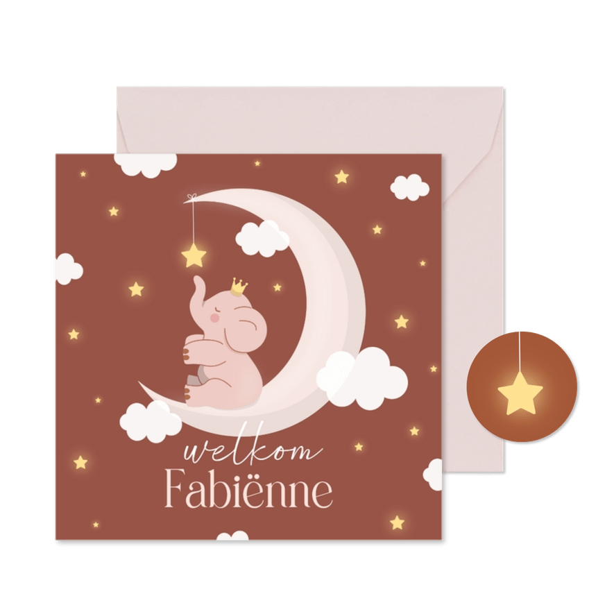 Lief vierkant geboortekaartje met olifant maan en sterren - Kaartimpressie