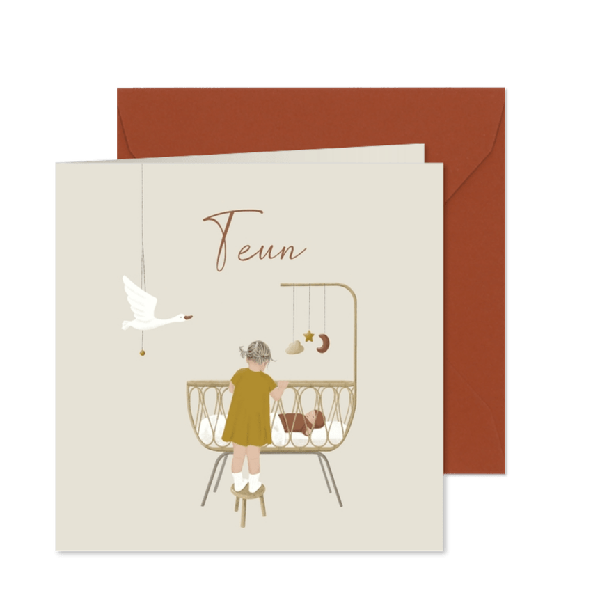 Lief vierkant geboortekaartje zus bij wiegje met baby - Kaartimpressie