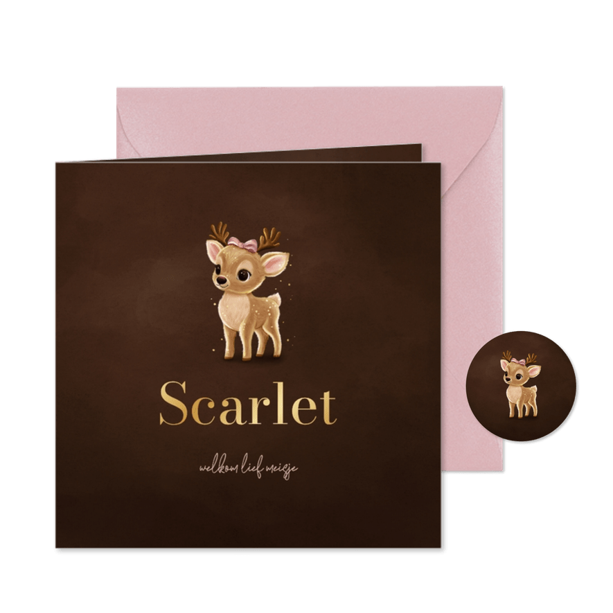 Lief winters geboortekaartje met hertje met roze strik - Kaartimpressie