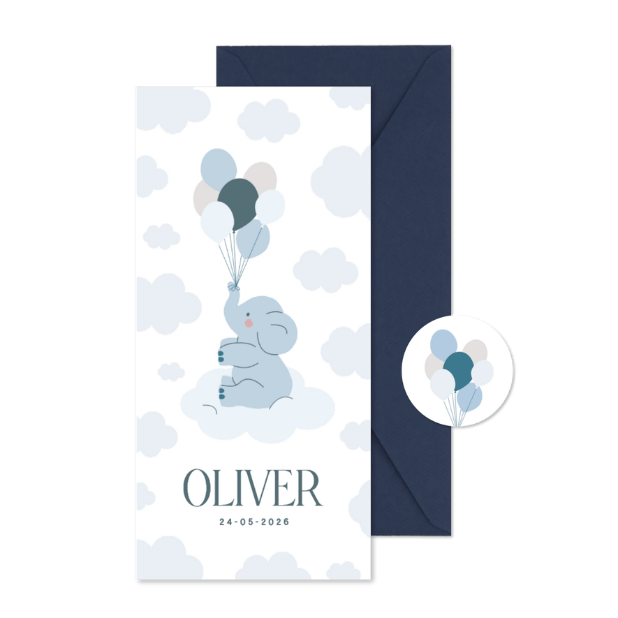 Lief wit geboortekaartje met blauw olifantje en ballonnen - Kaartimpressie