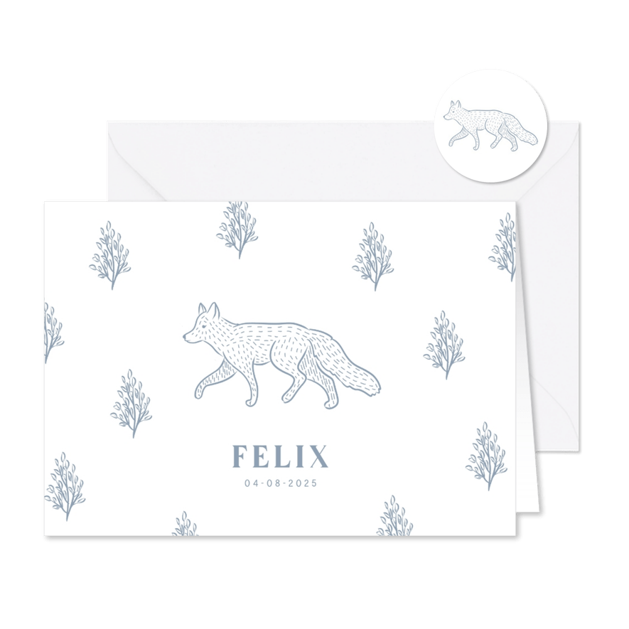 Lief wit geboortekaartje met illustratie van vosje jongen - Kaartimpressie