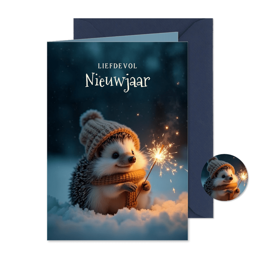 Liefdevol nieuwjaarskaartje met egeltje en sterretje - Kaartimpressie