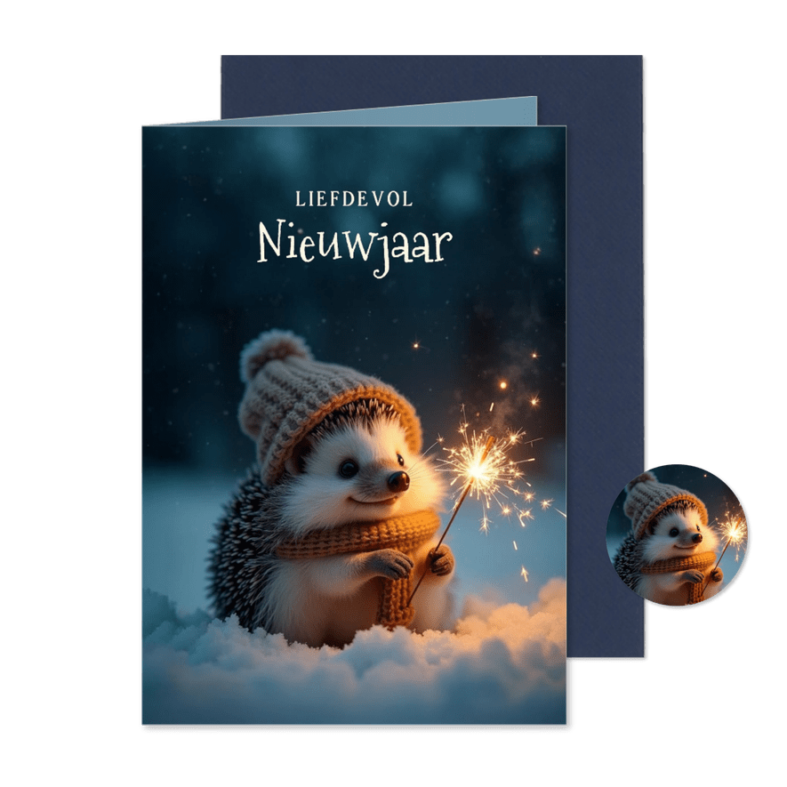 Liefdevol nieuwjaarskaartje met egeltje en sterretje - Kaartimpressie